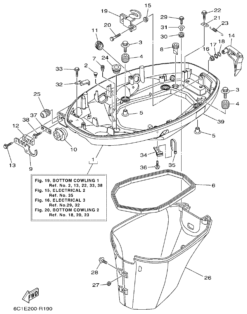Yamaha F50HET, F60FET, F50HEHD, F60FEHT BOTTOM COWLING 1 parts diagram